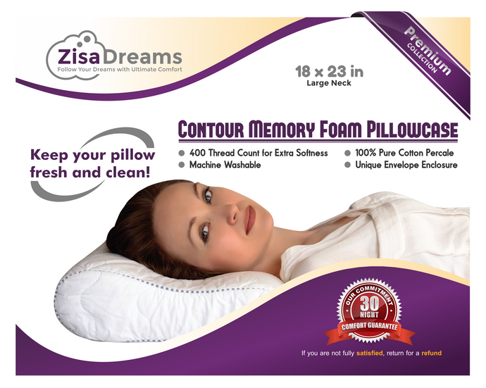 Premium Collection 100% Soft Cotton Contour Neck Memory Foam Pillowcase w/ Envelope Style Closure - Large Neck, 18x23