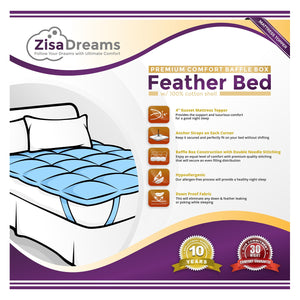 Premium Collection Baffle Box Feather Bed w/ 100% Cotton Shell | Cozy Mattress Topper, Hypoallergenic, 4” Gusset with Bed Straps - King